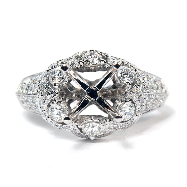 18K White Gold Antique-Style Diamond Pave Semi-Mount Engagement Ring