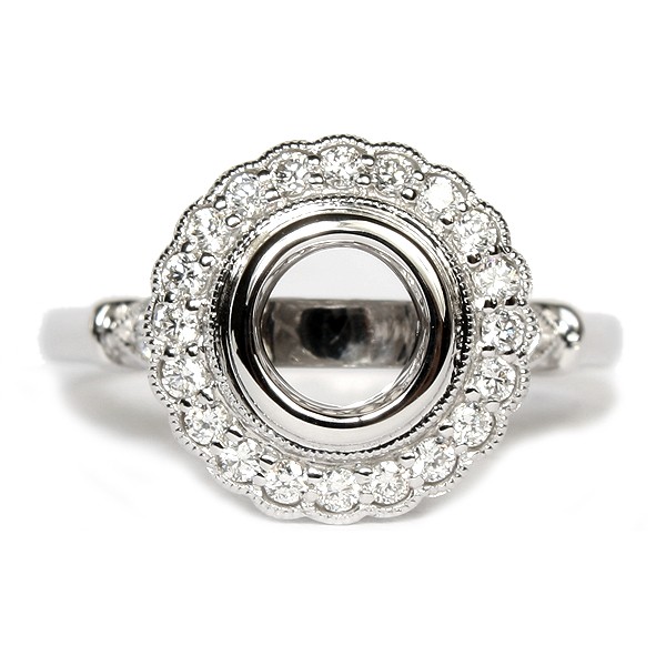 14K White Gold Floral Diamond Halo Semi-Mount Engagement Ring