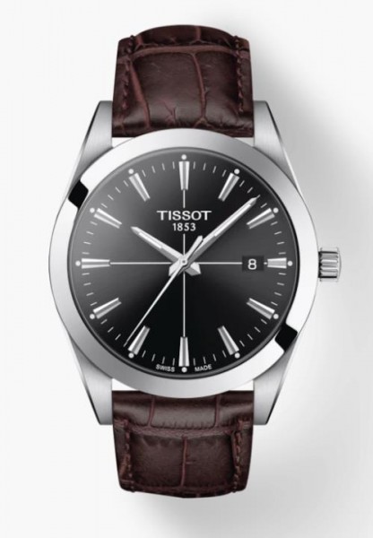 TISSOT GENTLEMAN BLACK DIAL WATCH WITH BROWN STRAP