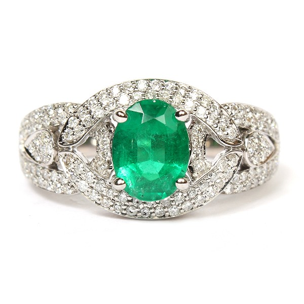 14K White Gold Emerald And Diamond Ring