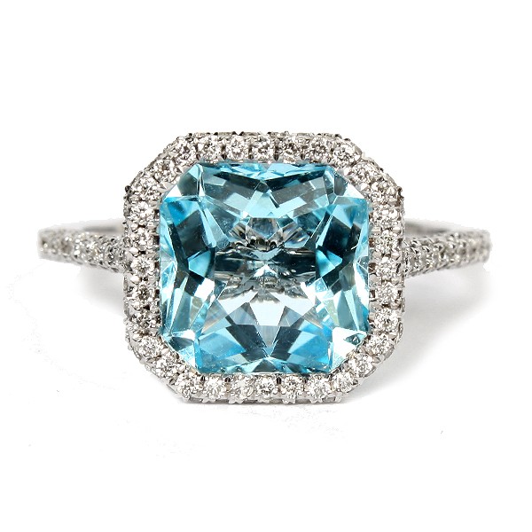 14K White Gold Blue Topaz And Diamond Ring