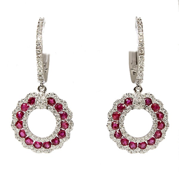 14K White Gold Ruby And Diamond Circle Earrings