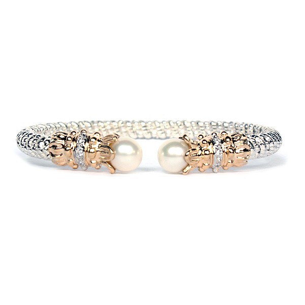VAHAN STERLING SILVER/14K DIAMOND PEARL 4MM OPEN BRACELET