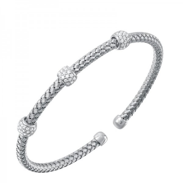 MESH STERLING SILVER WOVEN CUFF BRACELETWITH CZ STATIONS