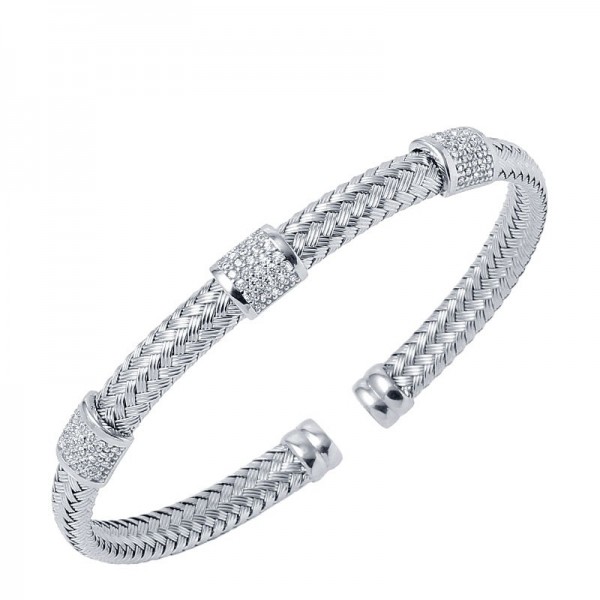 STERLING SILVER WOVEN CUFF BRACELET WITH CZ STATIONS