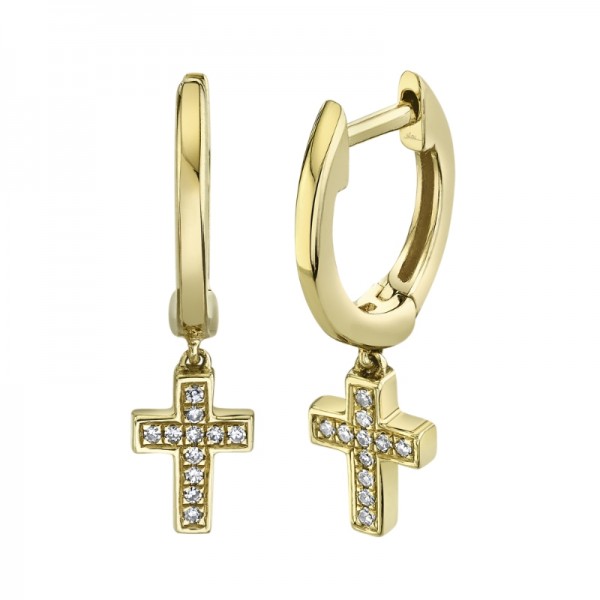 14K YELLOW GOLD DIAMOND CROSS HUGGIE EARRINGS