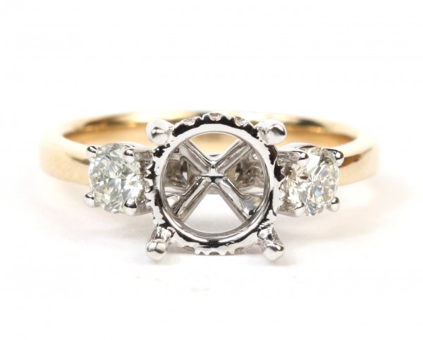 S14K YELLOW AND WHITE GOLD THREE ROUND STONE SEMI MOUNT WITH HIDDEN HALO