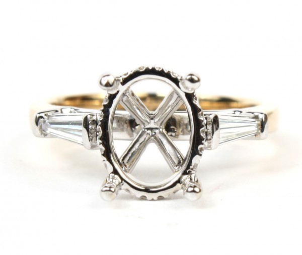 14K YELLOW AND WHITE GOLD BAGUETTE DIAMOND SEMI MOUNT ENGAGEMENT RING WITH HIDDEN HALO