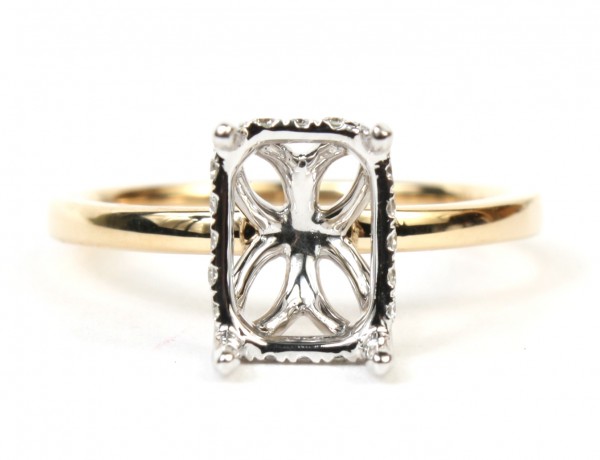 14K YELLOW AND WHITE GOLD EMERALD CUT CENTER SEMI MOUNT ENGAGEMENT RING WITH HIDDEN HALO