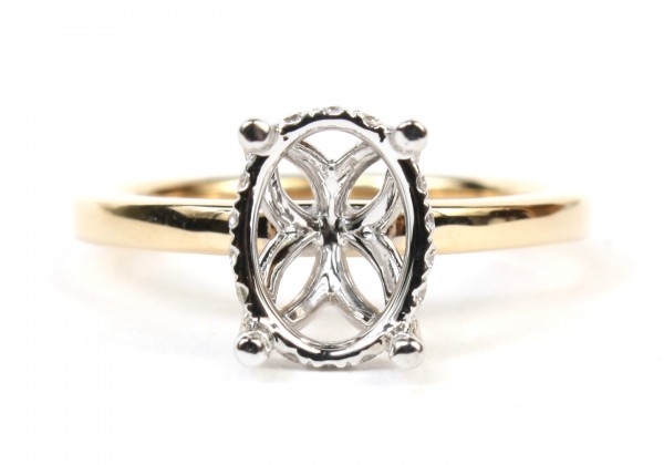14K YELLOW AND WHITE GOLD OVAL SEMI MOUNT ENGAGEMENT RING WITH HIDDEN HALO