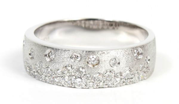 14K White Gold Satin Cigar Band Ring With Confetti Diamonds