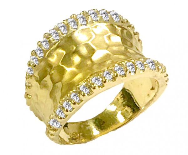 14K GREEN GOLD WIDE HAMMERED BAND WITH DIAMONDS