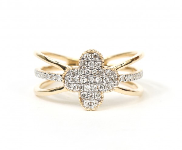 14K YELLOW GOLD DIAMOND CLOVER CROSSOVER RING