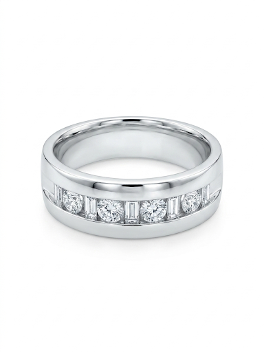 GENTLEMAN'S 14K WHITE GOLD DIAMOND BAQUETTE & ROUND RING