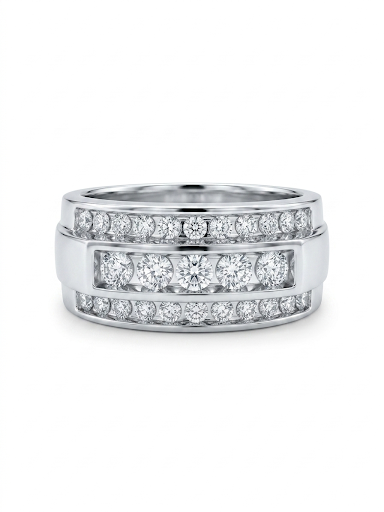 GENTLEMAN'S 10K WHITE GOLD TRIPLE ROW DIAMOND RING