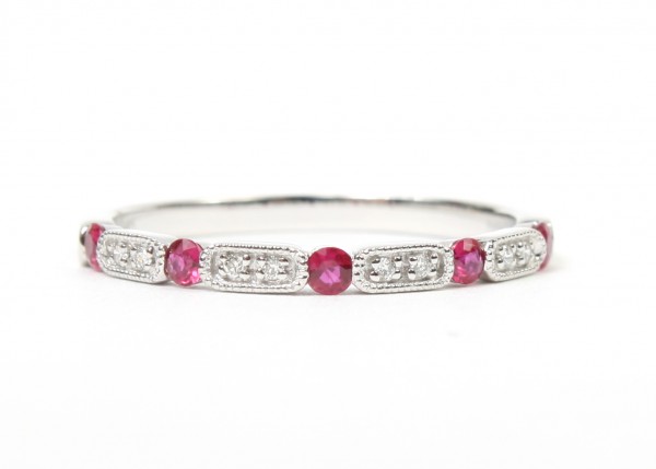 14K White Gold .03Ctw Diamond 1/5Ctw Ruby Stackable