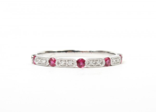 14K White Gold .03Ctw Diamond 1/5Ctw Ruby Stackable Band