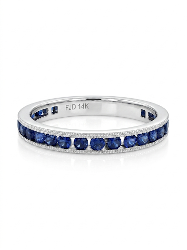 14K WHITE GOLD CHANNEL SET MILGRAIN ROUND SAPPHIRE BAND