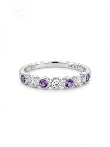 14K WHITE GOLD DIAMOND AND AMETHYST STACKABLE BAND