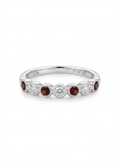 14K WHITE GOLD DIAMOND AND GARNET STACKABLE BAND