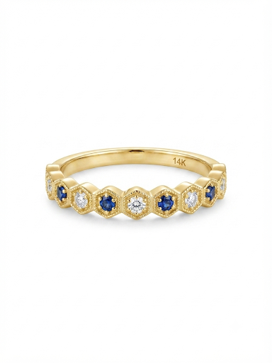 14K YELLOW GOLD DIAMOND AND BLUE SAPPHIRE STACKABLE BAND