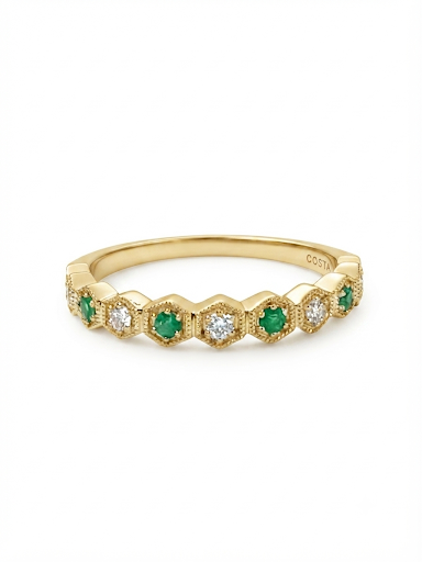 14K YELLOW GOLD DIAMOND AND EMERALD STACKABLE BAND