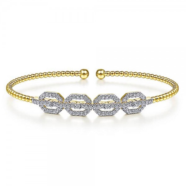 14K WHITE GOLD .60CTW DIAMOND BEAD CUFF BRACELET WITH PAVE DIAMOND LINKS