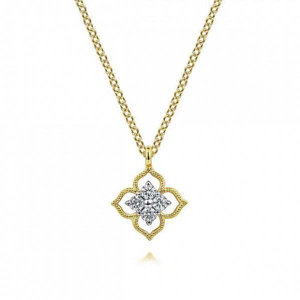 14K TWO TONE DIAMOND FLORAL PENDANT