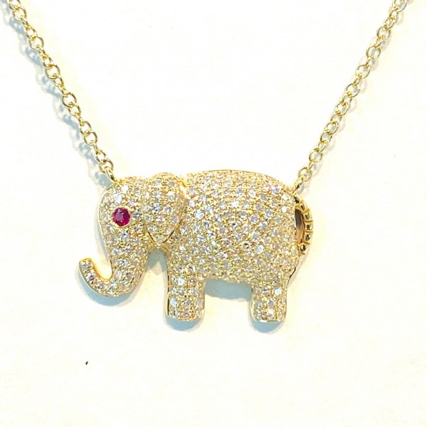 14K YELLOW GOLD DIAMOND ELEPHANT WITH RUBY EYE NECKLACE