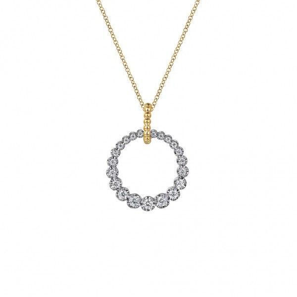 14K WHITE AND YELLOW GOLD DIAMOND DROP CIRCLE PENDANT