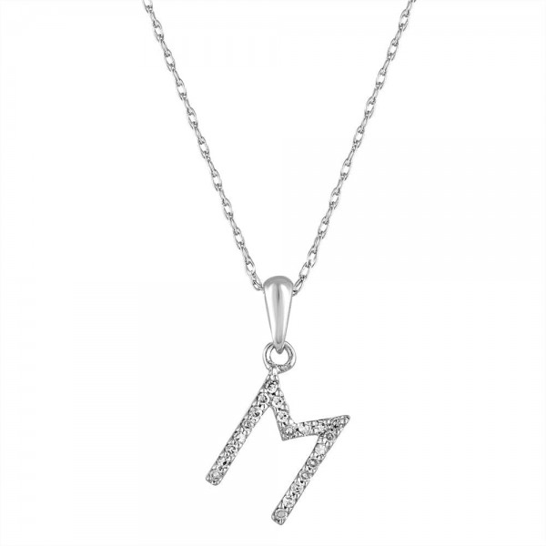 14K WHITE GOLD DIAMOND M INITIAL PENDANT
