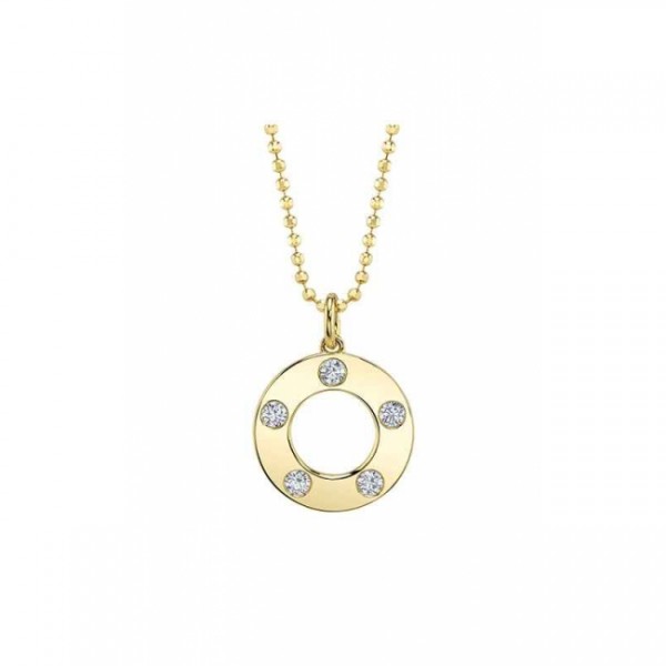 14K YELLOW GOLD DIAMOND CIRCLE NECKLACE WITH FACETED BALL CHAIN