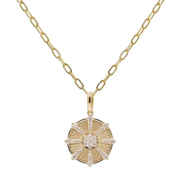 14K YELLOW GOLD DIAMOND STARBURST DISC PENDANT NECKLACE