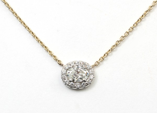 14K Yellow and White Gold Oval Halo Pendant Necklace .49ctw