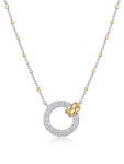 14K WHITE AND YELLOW GOLD PAVE DIAMOND CIRCLE BAR PENDANT
