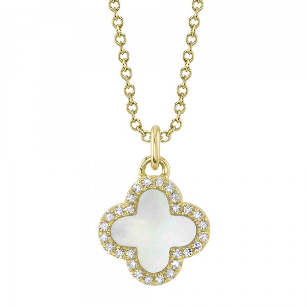 14K YELLOW GOLD DIAMOND AND MOTHER OF PEARL CLOVER NECKLACE