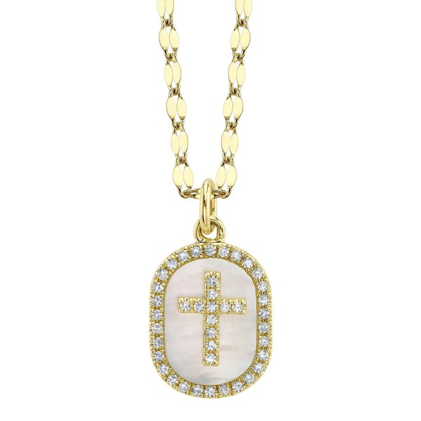 14K YELLOW GOLD DIAMOND & MOTHER OF PEARL CROSS PENDANT