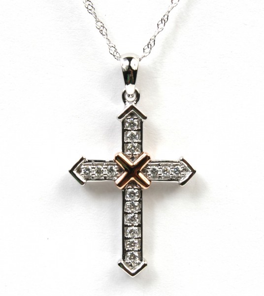 14K WHITE & ROSE GOLD DIAMOND CROSS PENDANT