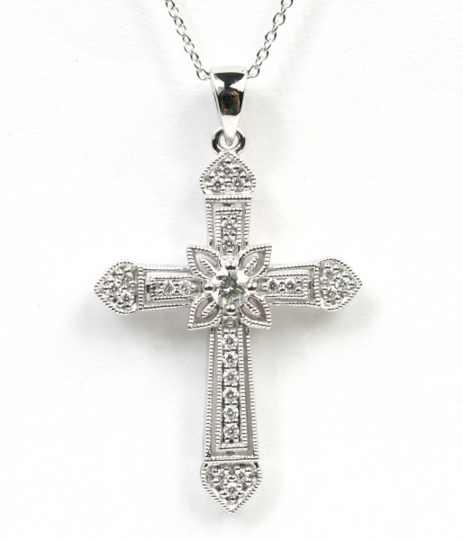 14K WHITE GOLD DIAMOND CROSS PENDANT WITH MILGRAIN DETAIL