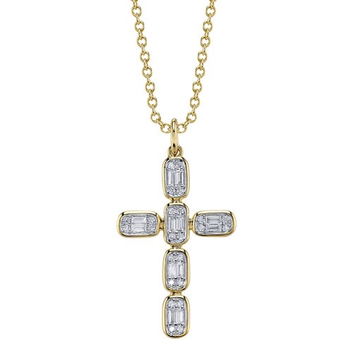 14K YELLOW GOLD DIAMOND BAGUETTE CROSS NECKLACE