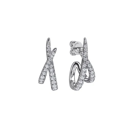 14K WHITE GOLD GRADUATED DIAMOND SPIKE J HOOP EARRINGS