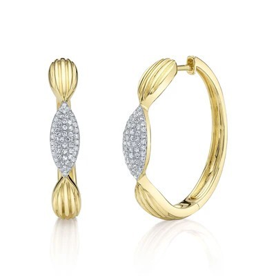 14K YELLOW GOLD PAVE RIBBED HOOP EARRINGS