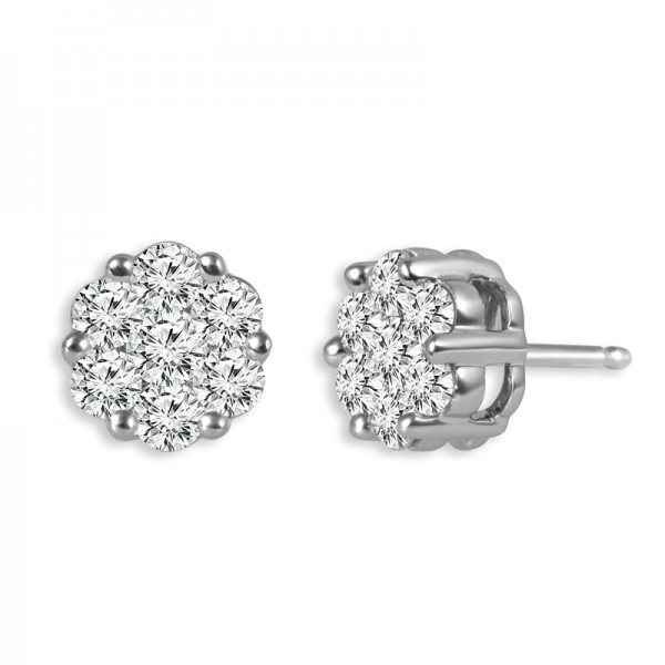 IDEAL COLLECTION 14K WHITE GOLD DIAMOND CLUSTER FLOWER STUD EARRINGS
