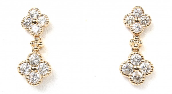 14K YELLOW GOLD DIAMOND DOUBLE CLOVER DANGLE EARRINGS