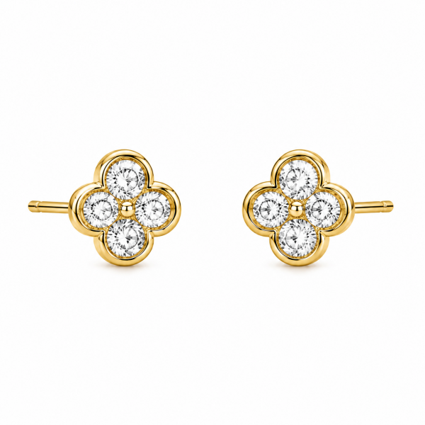 14K YELLOW GOLD DIAMOND CLOVER STUD EARRINGS