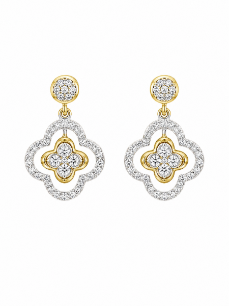 14K TWO TONE DIAMOND CLOVER DANGLE EARRINGS