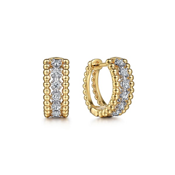 14K YELLOW AND WHITE GOLD PAVE DIAMOND HUGGIE EARRINGS