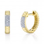14K YELLOW GOLD DIAMOND RIBBED HUGGIE EARRINGS