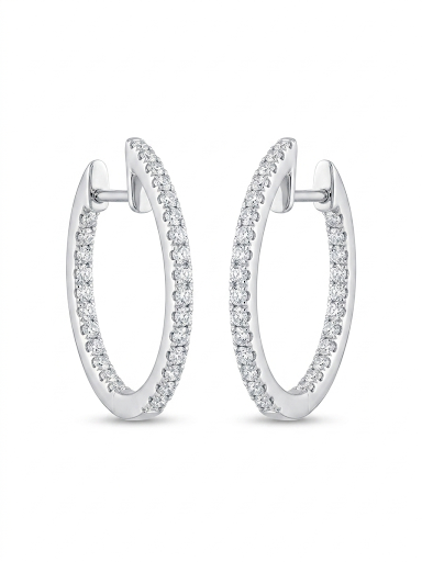 14K WHITE GOLD DIAMOND OVAL IN OUT HOOP EARRINGS
