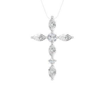 14K WHITE GOLD LAB GROWN MARQUISE & ROUND DIAMOND CROSS PENDANT 1CTW